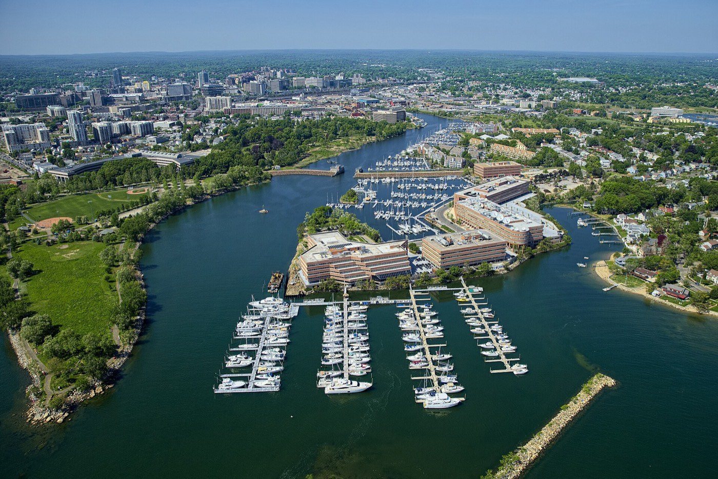 Vista aérea de la costa de Stamford, Connecticut